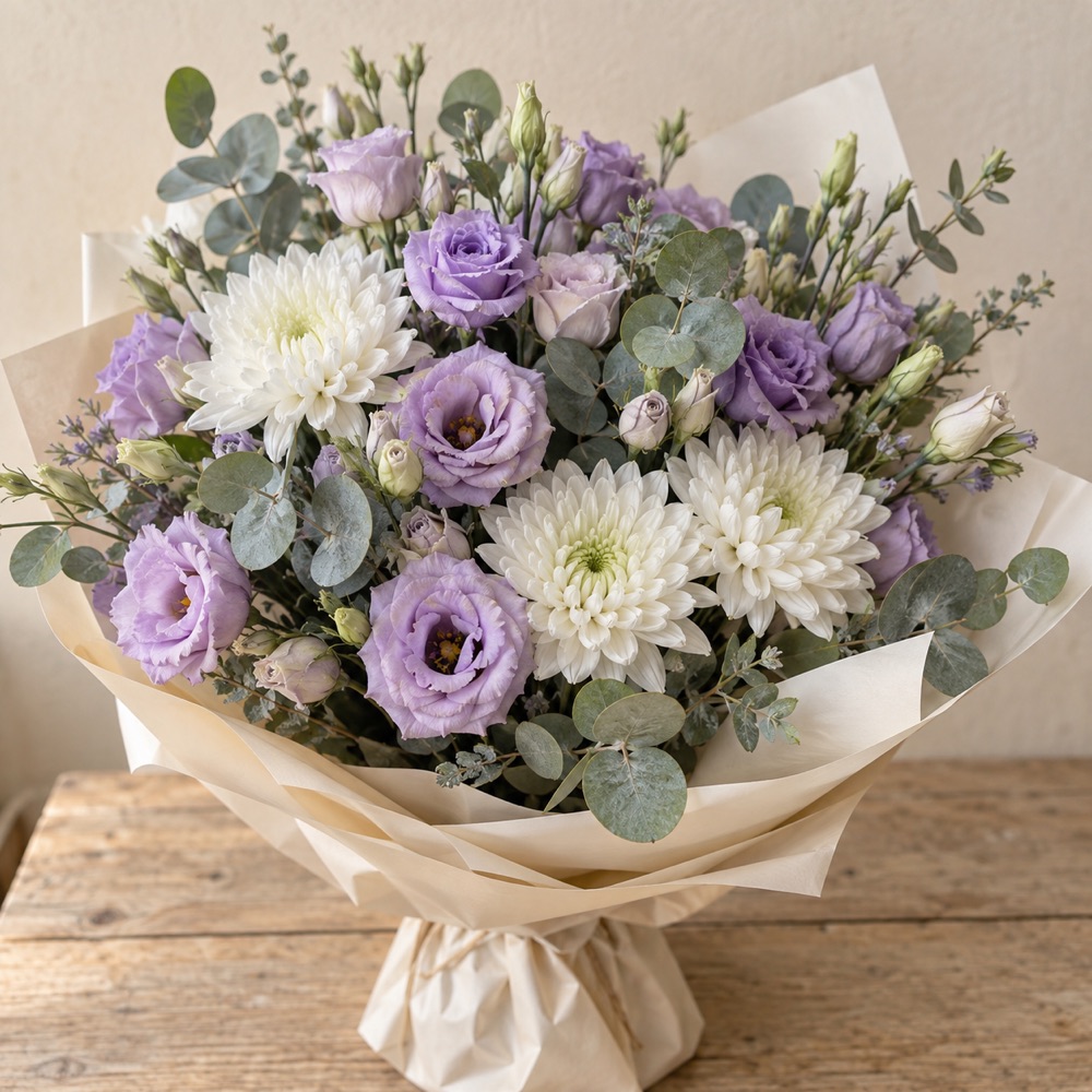 Synthetic lilac and white bouquet.